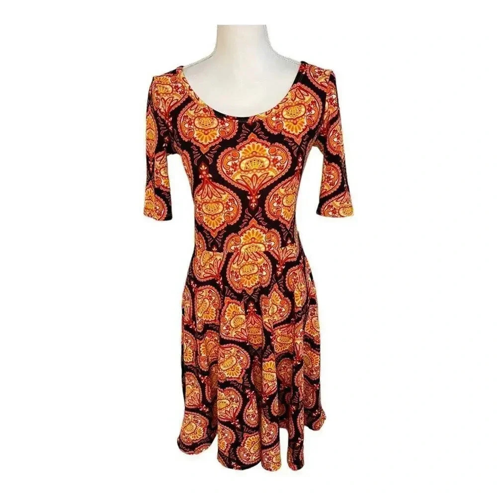 LulaRoe Women’s Small Orange & Black Boho Paisley‎ Print Fit & Flare Julia Dress